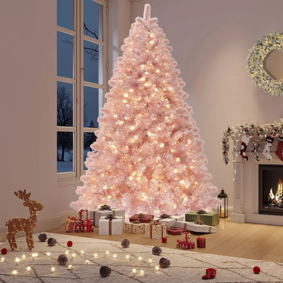 Garvee 4.5/6/7.5FT Prelit Artificial Christmas Tree Rose Gold Tinsel Fake Christmas Tree with 250 Warm White LED Lights Metal Stand & 688 Branch Tips for Home, Office, Xmas Party Decor, Gold