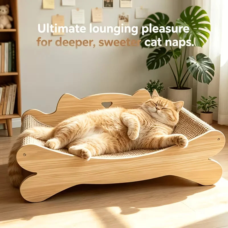 Modern Curved Wooden Cat Scratcher Bed With Sisal Lounge Pad