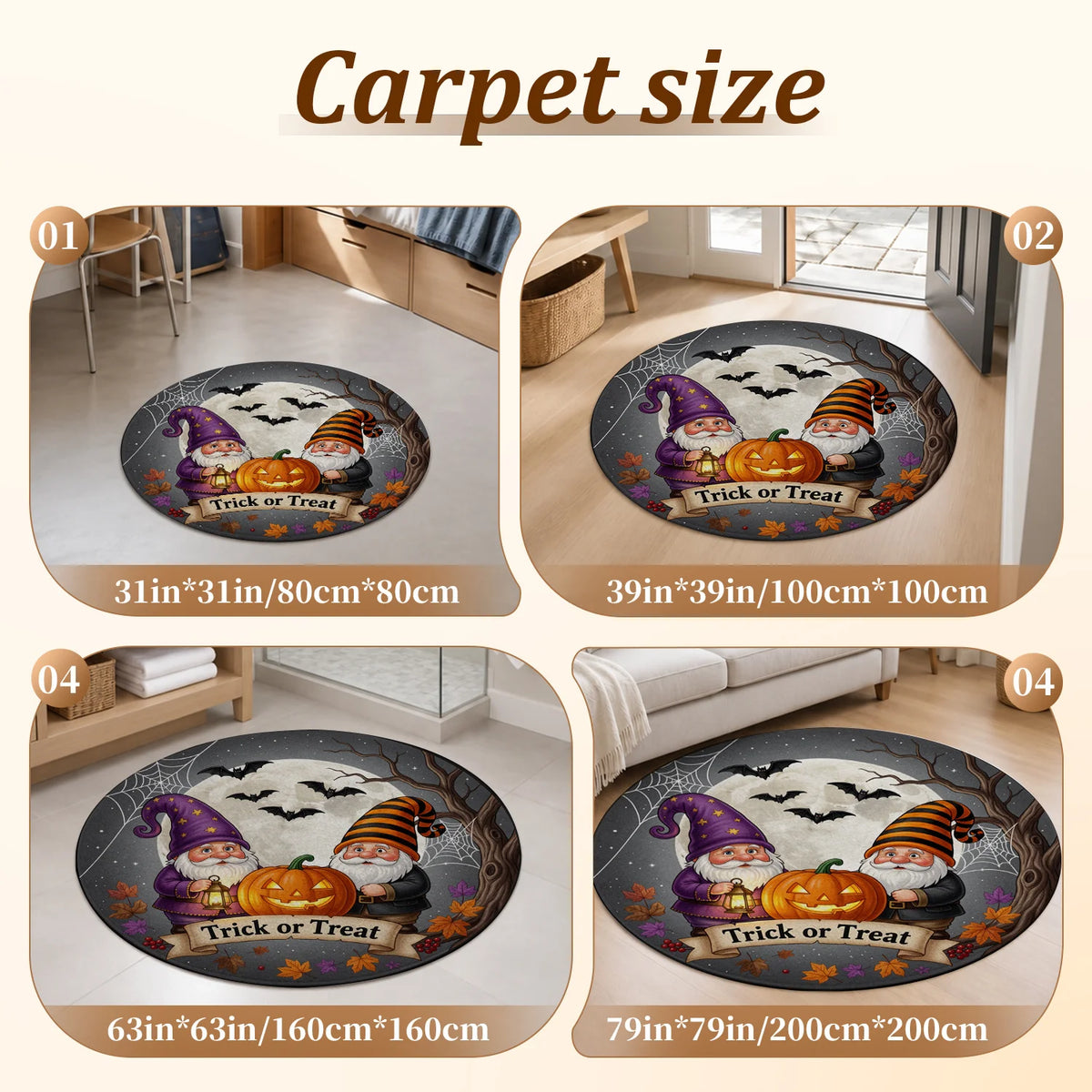 Halloween Gnome Jack-o-Lantern Bat Moon Trick or Treat Round Velvet Doormat, Machine Washable, Stable Placement, Ideal for Entryway, Living Room, Porch, Patio, Great for Halloween, Thanksgiving, Christmas, New Year, Black Fri