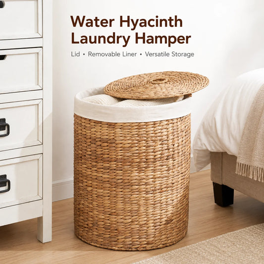 Woven Water Hyacinth Laundry Hamper With Lid And Removable Liner