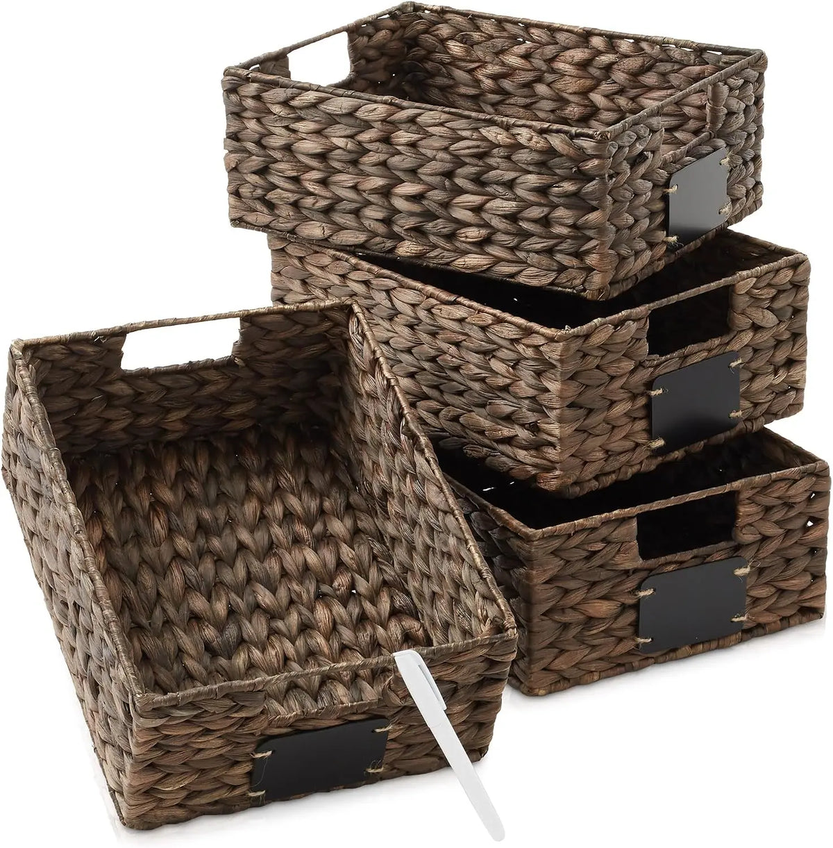 Water Hyacinth Pantry Storage Baskets With Chalkboard Labels, Set Of 4