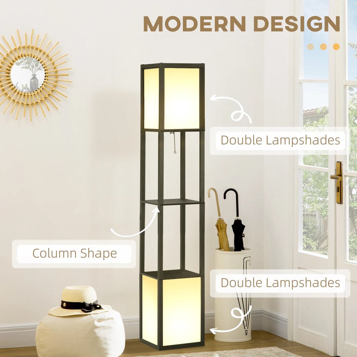 HOMCOM Modern Floor Lamp With Shelves and Dual Ambient Lighting