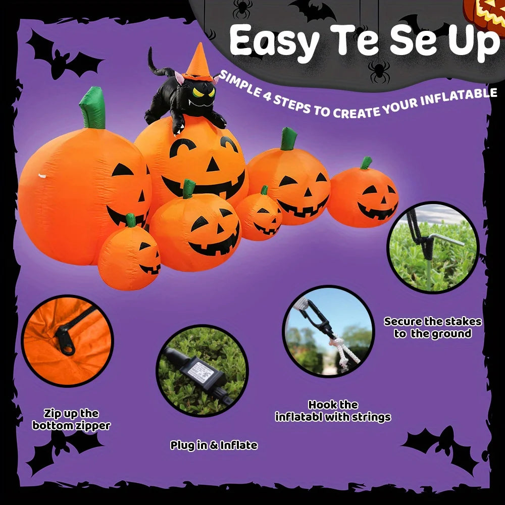 Halloween Inflatable Pumpkin With Witch Cat Led Lights Lawn Decor