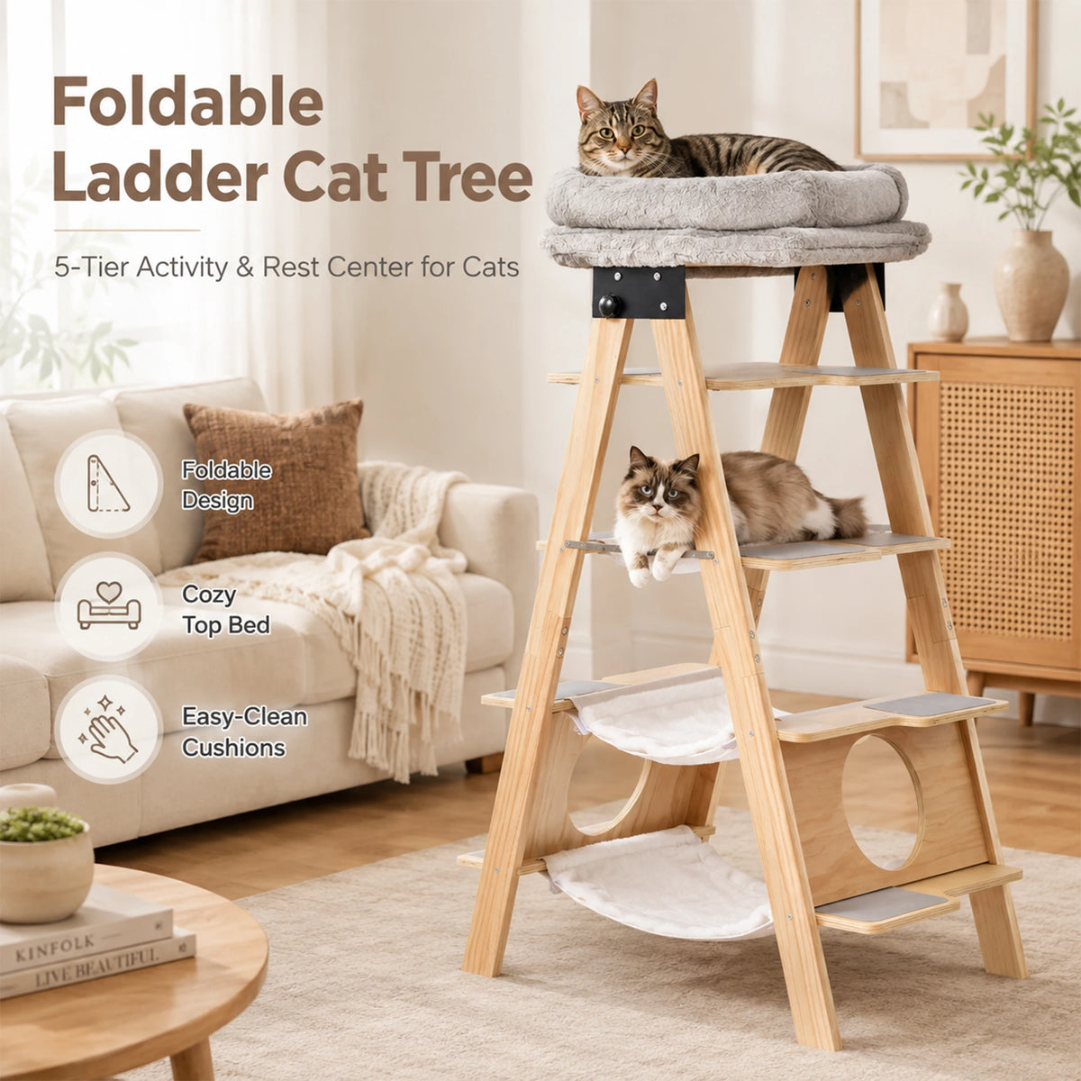 Wooden Cat Tree Tower With Washable Cushions And Hammock