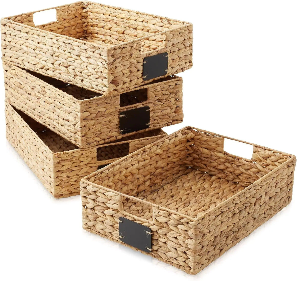 Water Hyacinth Pantry Storage Baskets With Chalkboard Labels, Set Of 4