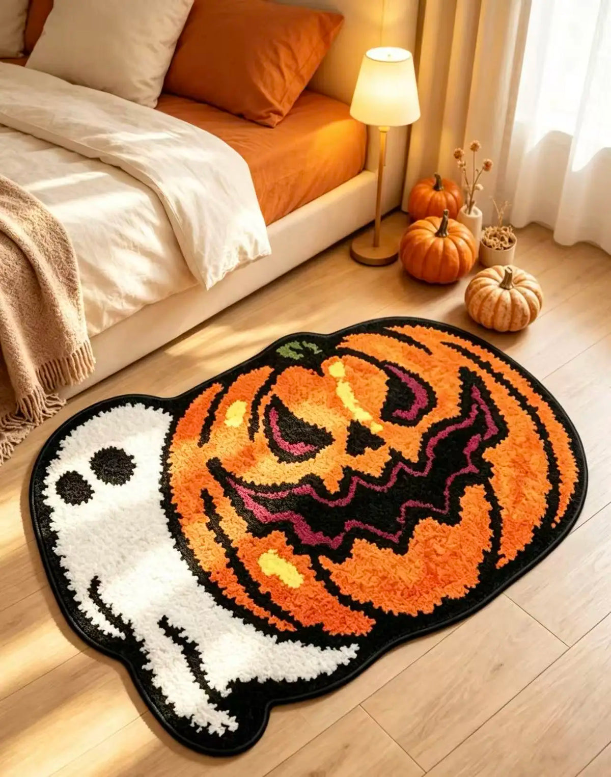 Halloween Ghost & Pumpkin Shaped Plush Doormat, Non Slip Soft Floor Rug, Fall Harvest Decorative Entrance Mat for Home Front Door Party Decor