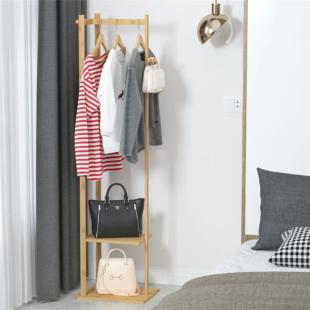 Bingopaw Bamboo Clothing Rack With Two Tier Storage Shelves