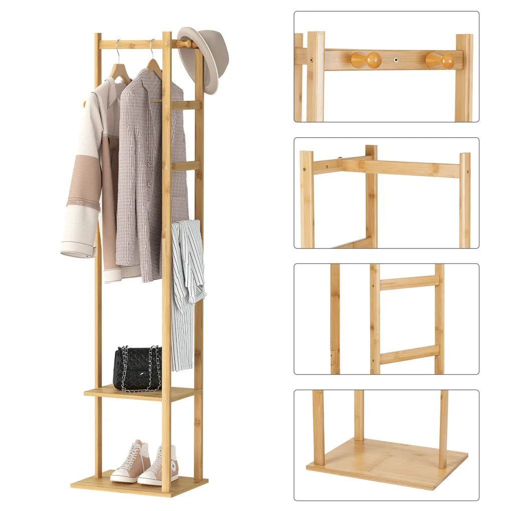 Bingopaw Bamboo Clothing Rack With Two Tier Storage Shelves