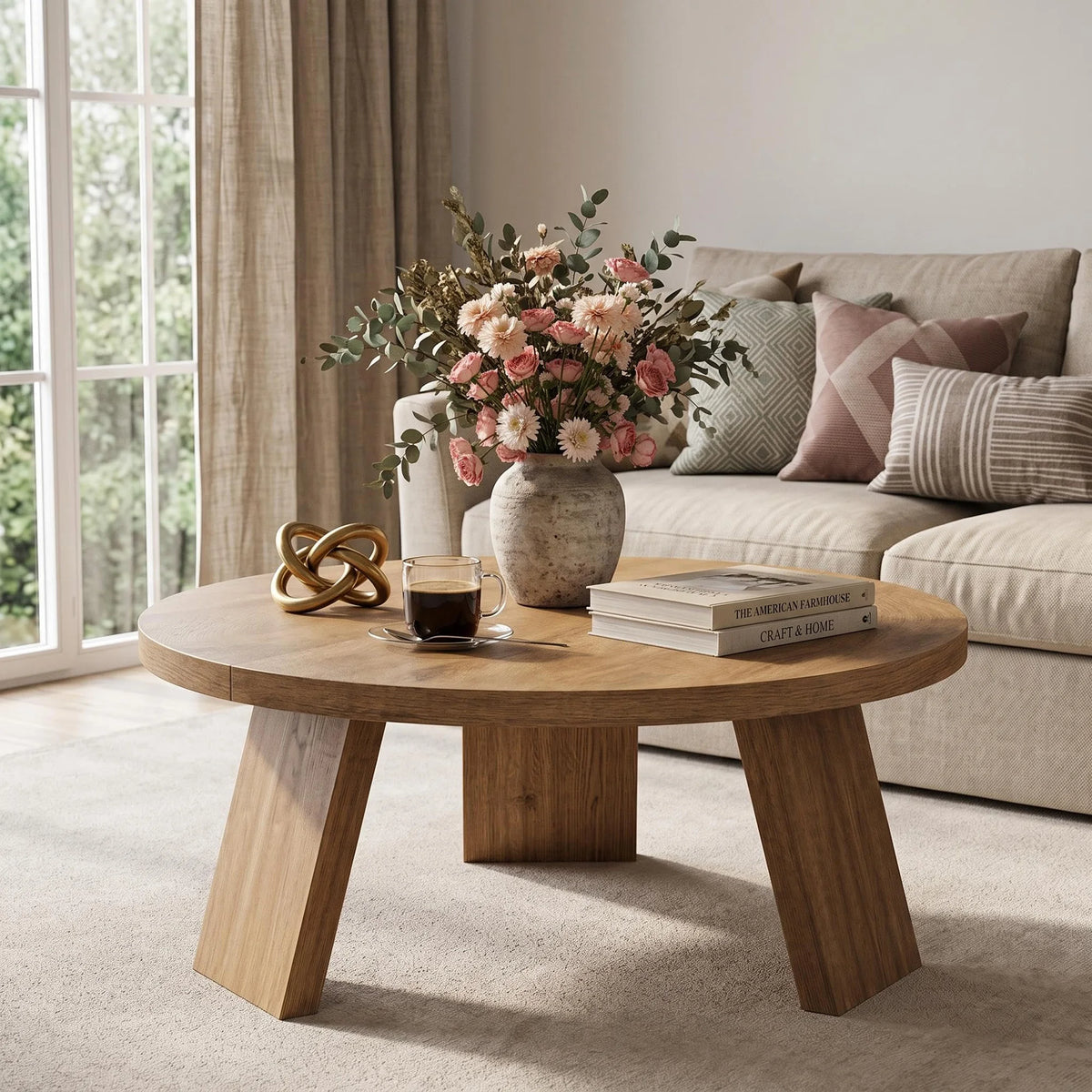 HiMISS Round Wooden Coffee Table For Modern Living Room