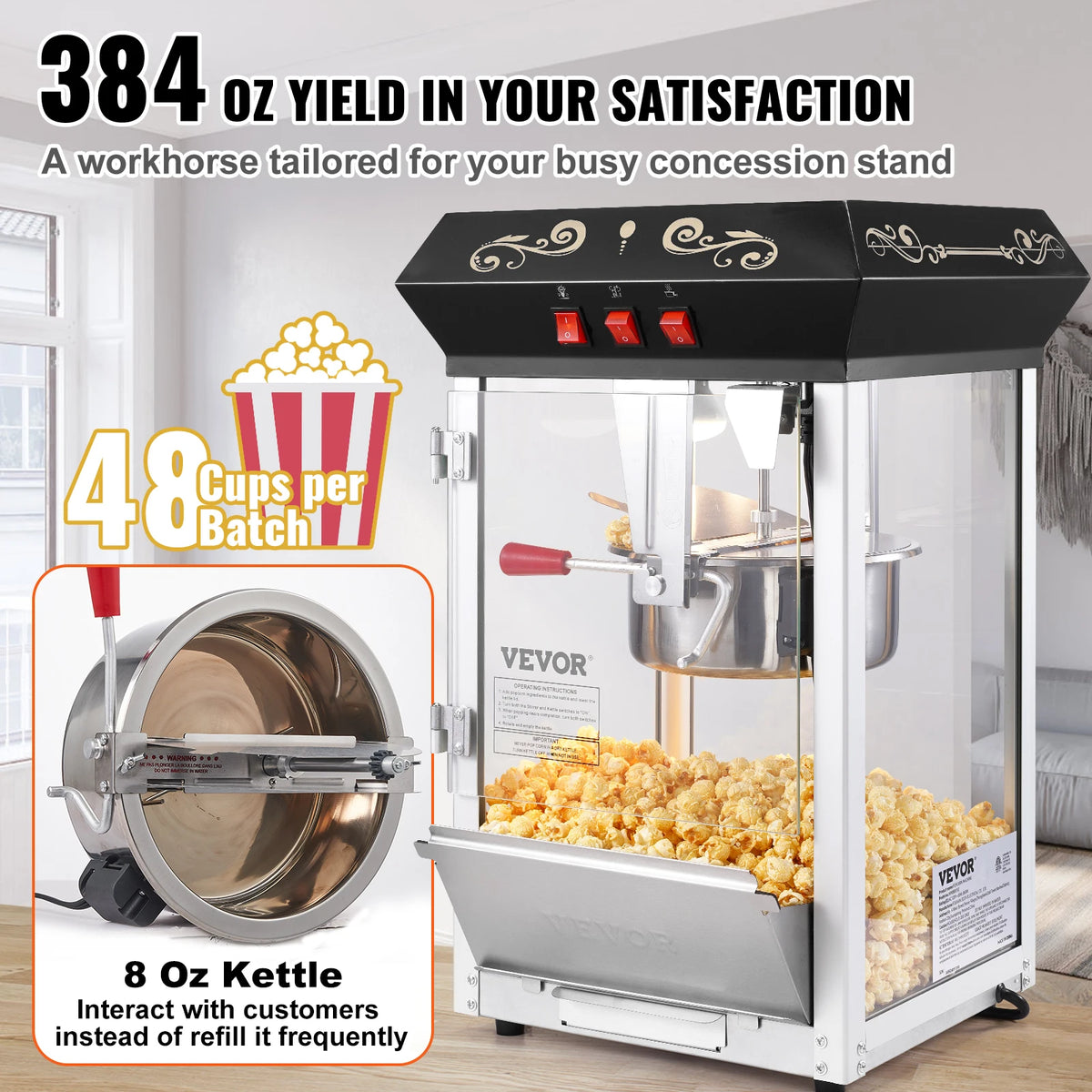 SucceBuy Countertop Popcorn Maker With Tempered Glass