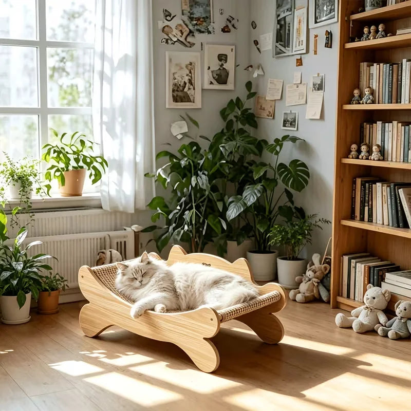 Modern Curved Wooden Cat Scratcher Bed With Sisal Lounge Pad