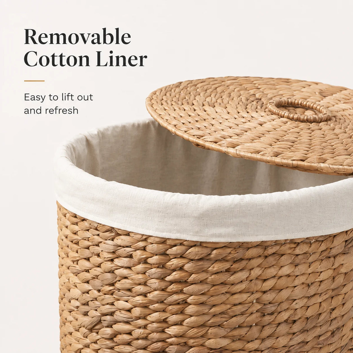 Woven Water Hyacinth Laundry Hamper With Lid And Removable Liner