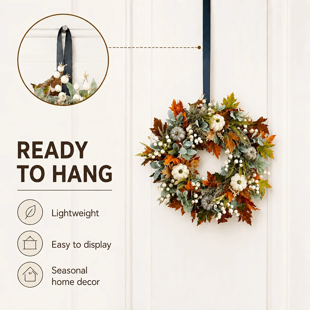Peony And Pumpkin Autumn Wreath With Leaves And Berries