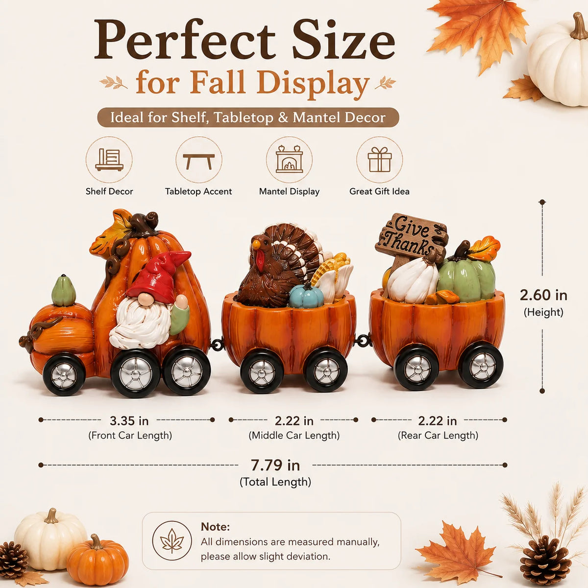 Hodao Resin Thanksgiving Pumpkin Train Figure, 3-Car Fall Harvest Decor with Gnome, Turkey, Corn, Pumpkins & Give Thanks Sign, 7.8" Long Autumn Farmhouse Tabletop Centerpiece, Seasonal Shelf Mantel Decor, Holiday Gift for Hom