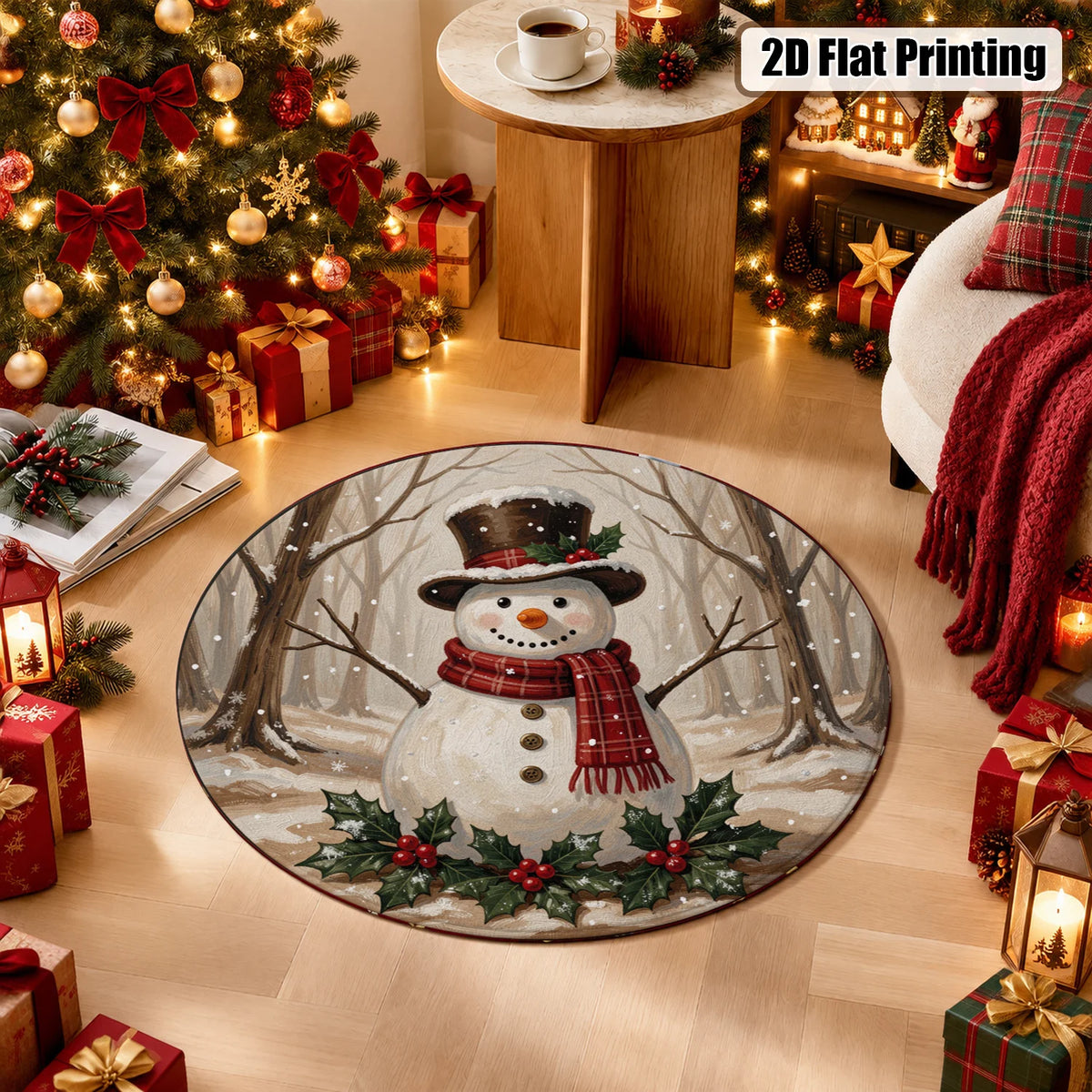 Snowman Winter Forest Holly Machine Washable Velvet Rug