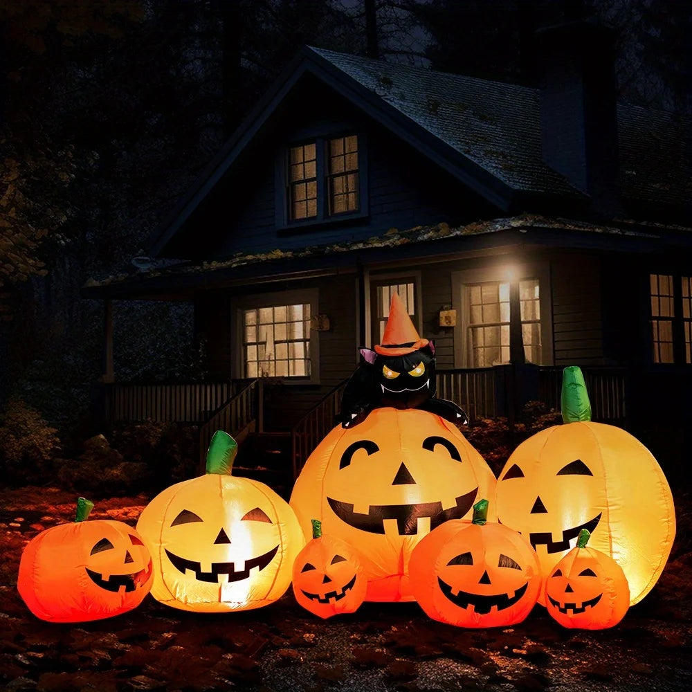 Halloween Inflatable Pumpkin With Witch Cat Led Lights Lawn Decor