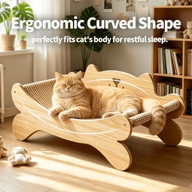 Modern Curved Wooden Cat Scratcher Bed With Sisal Lounge Pad