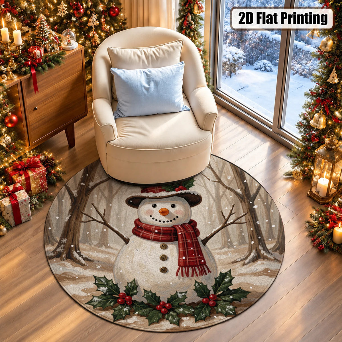 Snowman Winter Forest Holly Machine Washable Velvet Rug