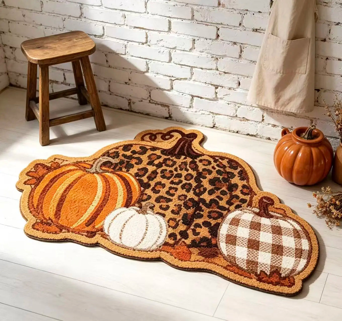 Fall Pumpkin Shaped Doormat, Leopard & Plaid Pumpkin Pattern Non Slip Floor Mat, Autumn Harvest Decorative Rug for Front Door Entrance Home Halloween Decor