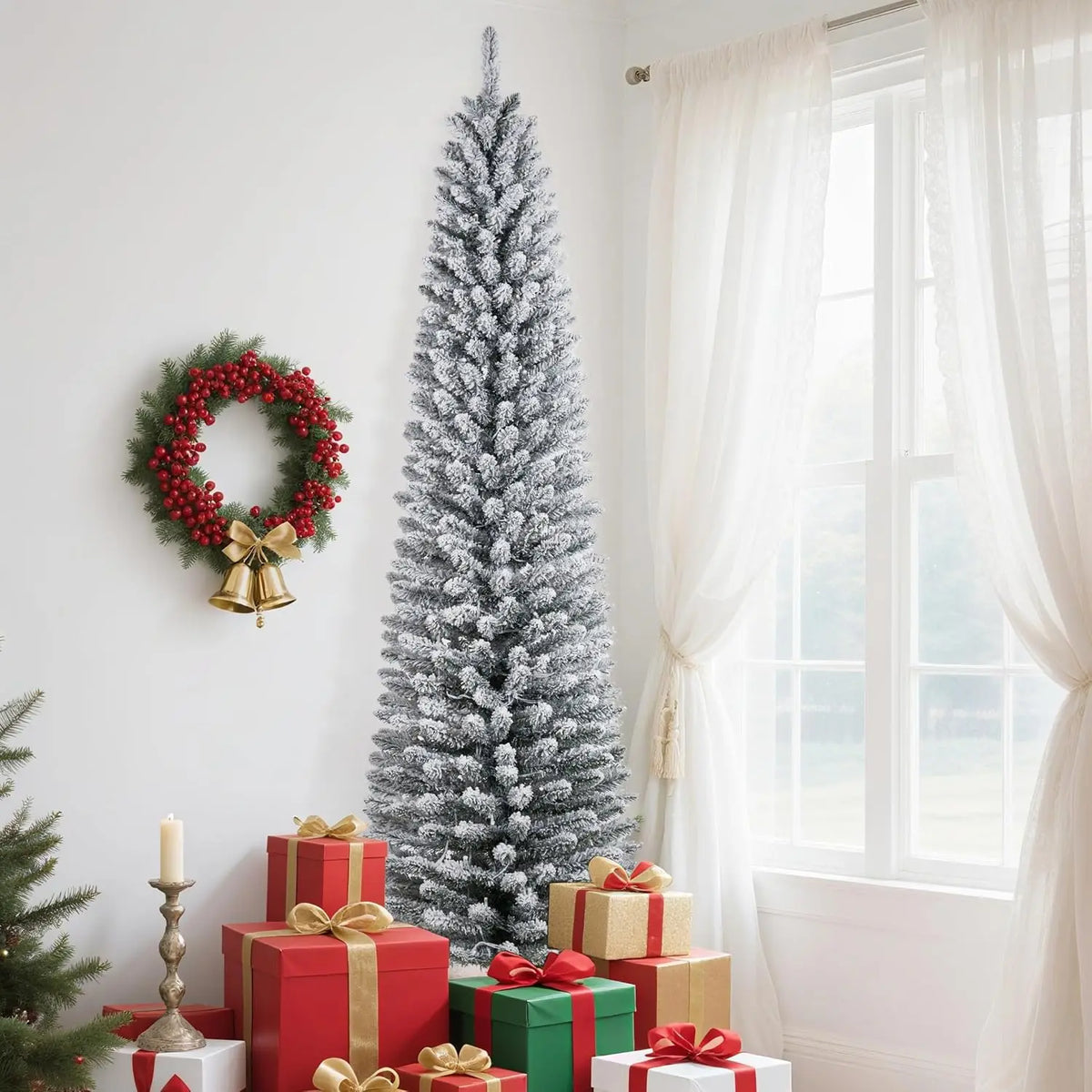 Studyset Flocked Pencil Christmas Tree With Prelit Lights And Stand