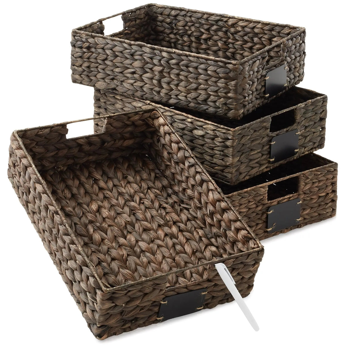 Water Hyacinth Pantry Storage Baskets With Chalkboard Labels, Set Of 4