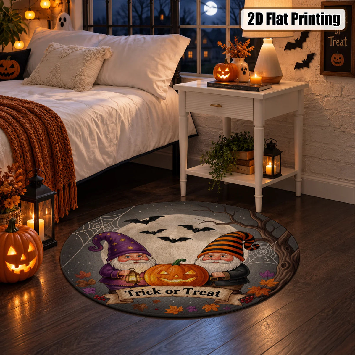 Halloween Gnome Jack-o-Lantern Bat Moon Trick or Treat Round Velvet Doormat, Machine Washable, Stable Placement, Ideal for Entryway, Living Room, Porch, Patio, Great for Halloween, Thanksgiving, Christmas, New Year, Black Fri