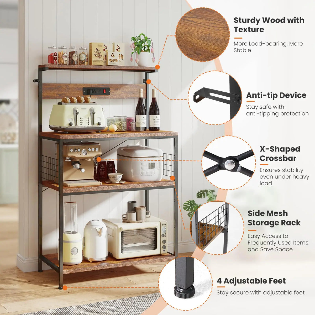 JHK Four Tier Kitchen Baker Rack With Power Outlet
