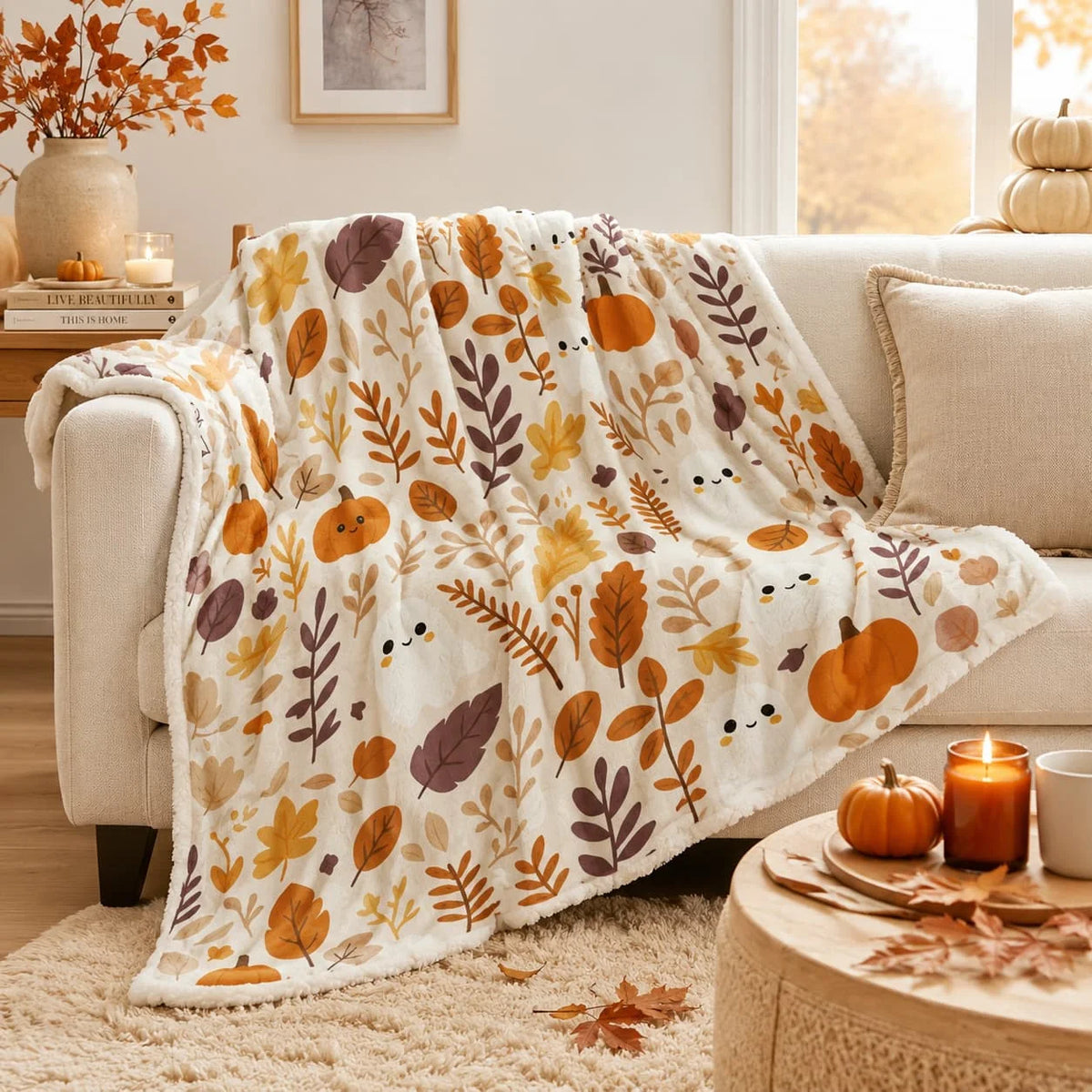 Autumn Ghost Pumpkin Fleece Blanket For Halloween Decor