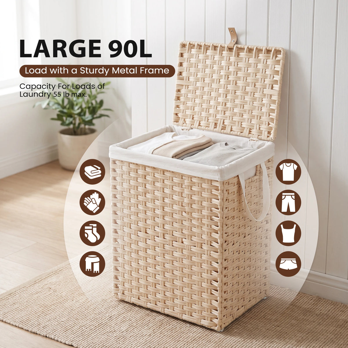 Woven Laundry Hamper with Lid and Removable Liner Handles