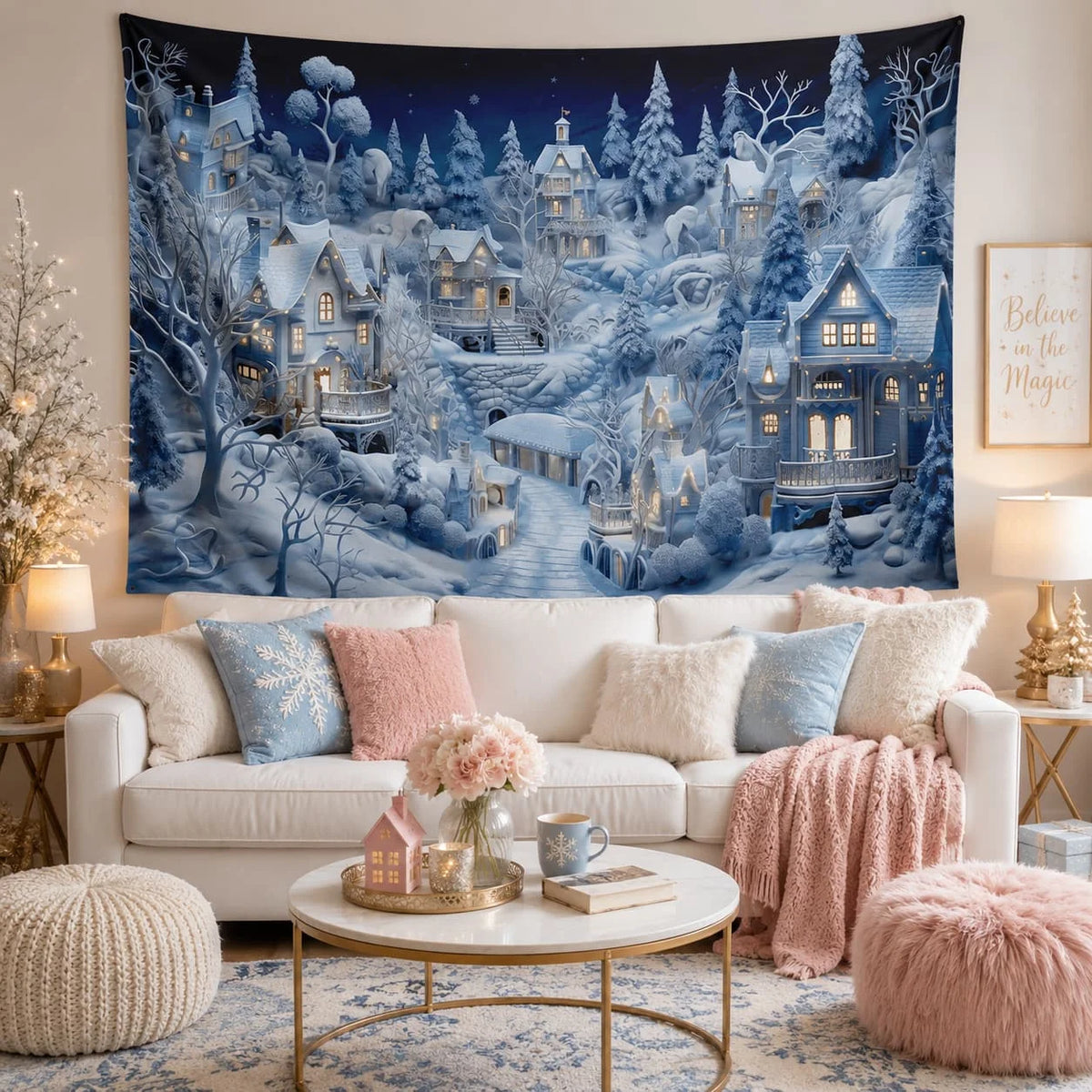 Christmas Town Snow Scene Winter Wonderland Wall Tapestry