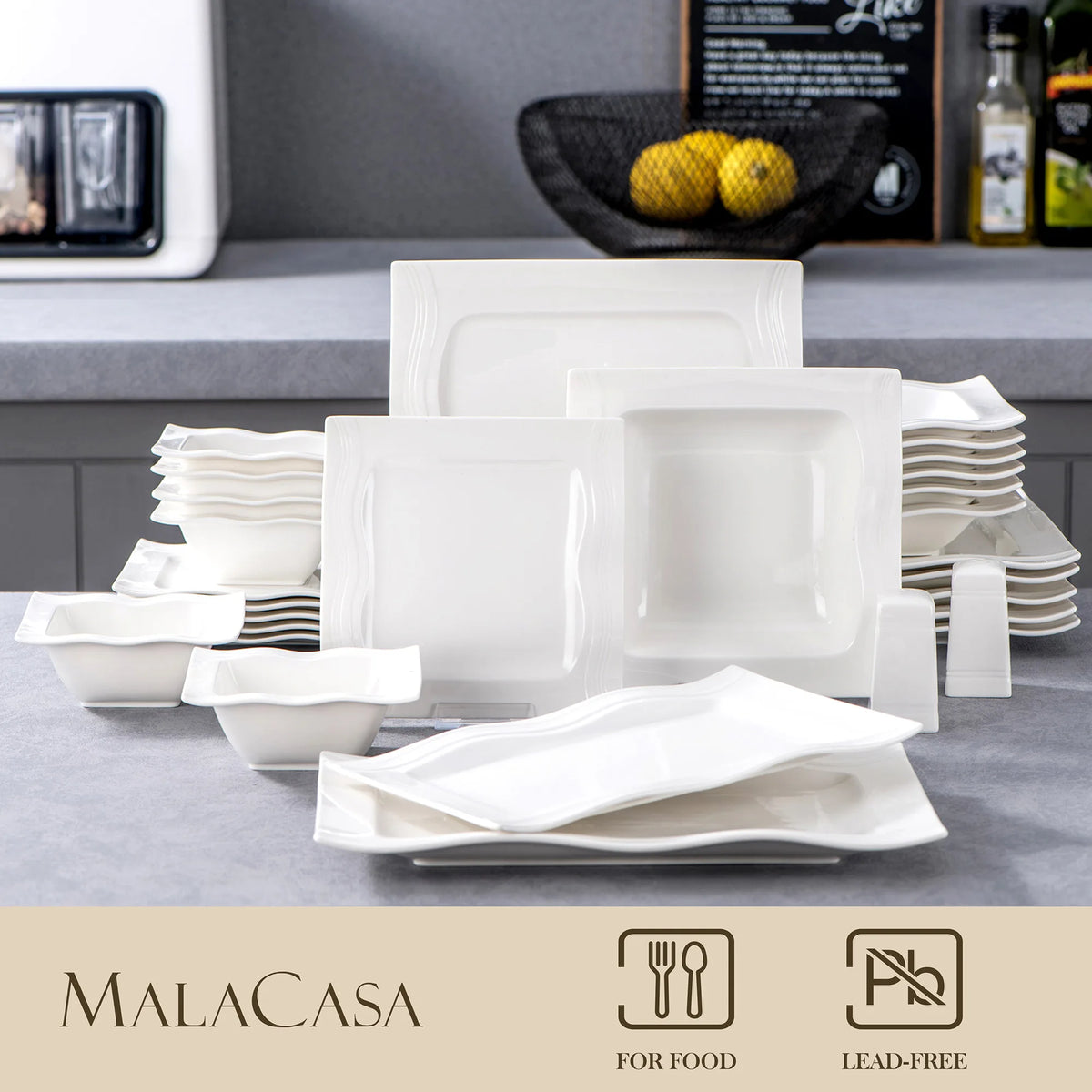 MALACASA Square Porcelain Dinnerware Set With Plates And Bowls