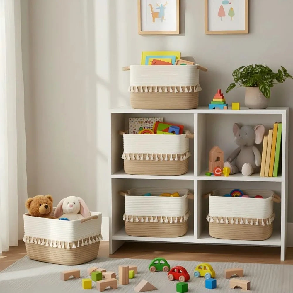Decorative Woven Cotton Rope Storage Basket Set For Home