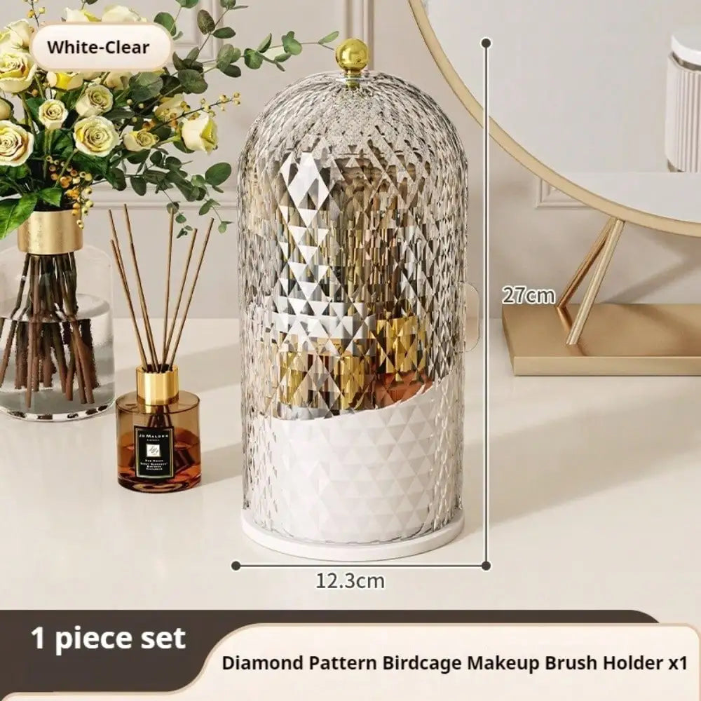 Rotating Cosmetic Storage Organizer With Brush Lid