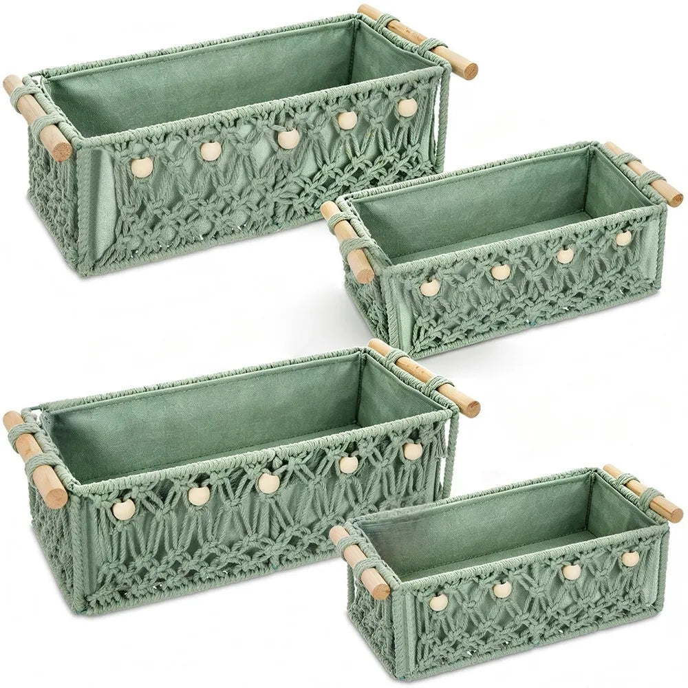 Boho Macrame Woven Storage Baskets With Wooden Handles And Beads