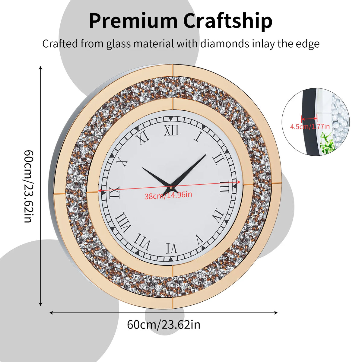 Crystal Mirrored Round Wall Clock With Sparkling Detail