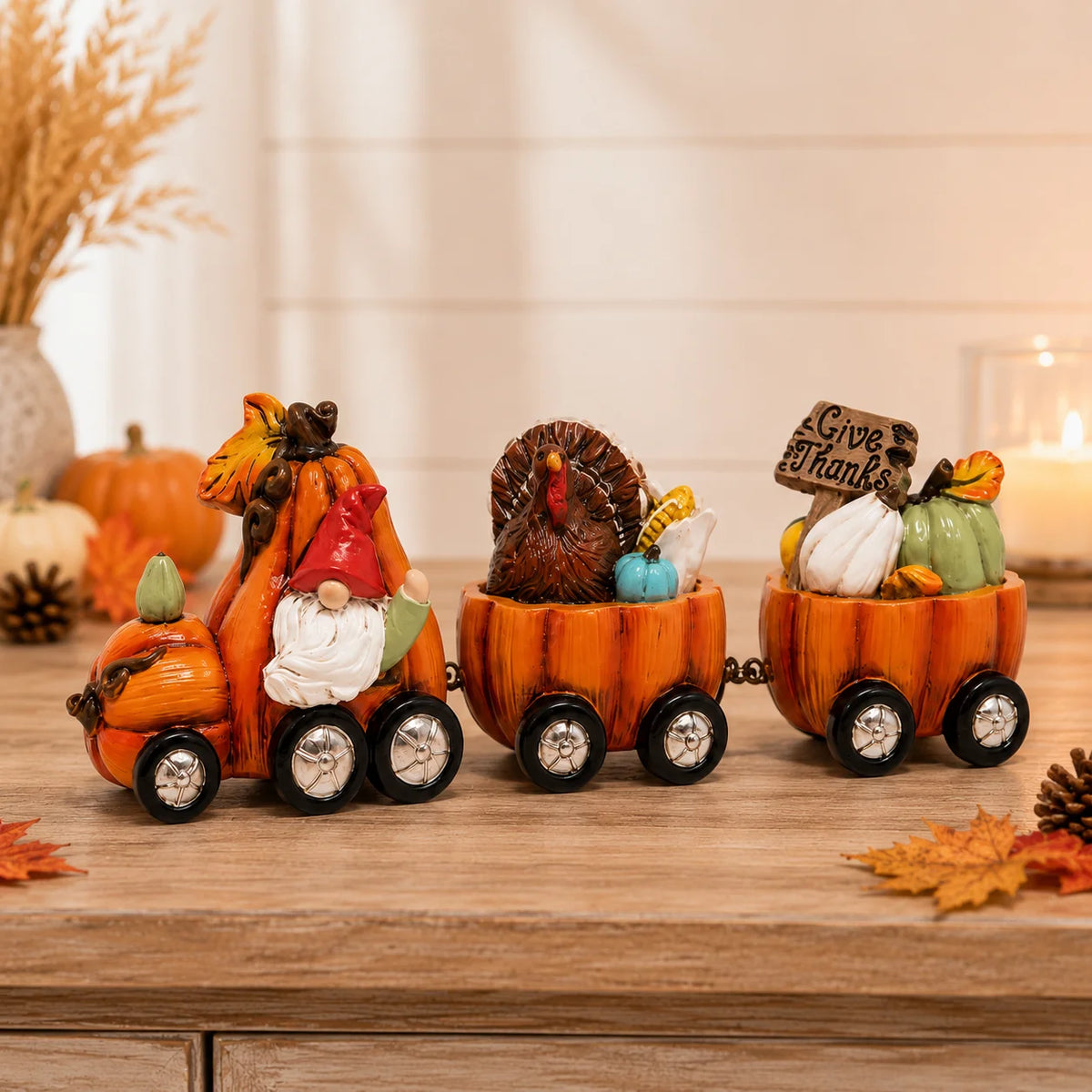 Hodao Resin Thanksgiving Pumpkin Train Figure, 3-Car Fall Harvest Decor with Gnome, Turkey, Corn, Pumpkins & Give Thanks Sign, 7.8" Long Autumn Farmhouse Tabletop Centerpiece, Seasonal Shelf Mantel Decor, Holiday Gift for Hom