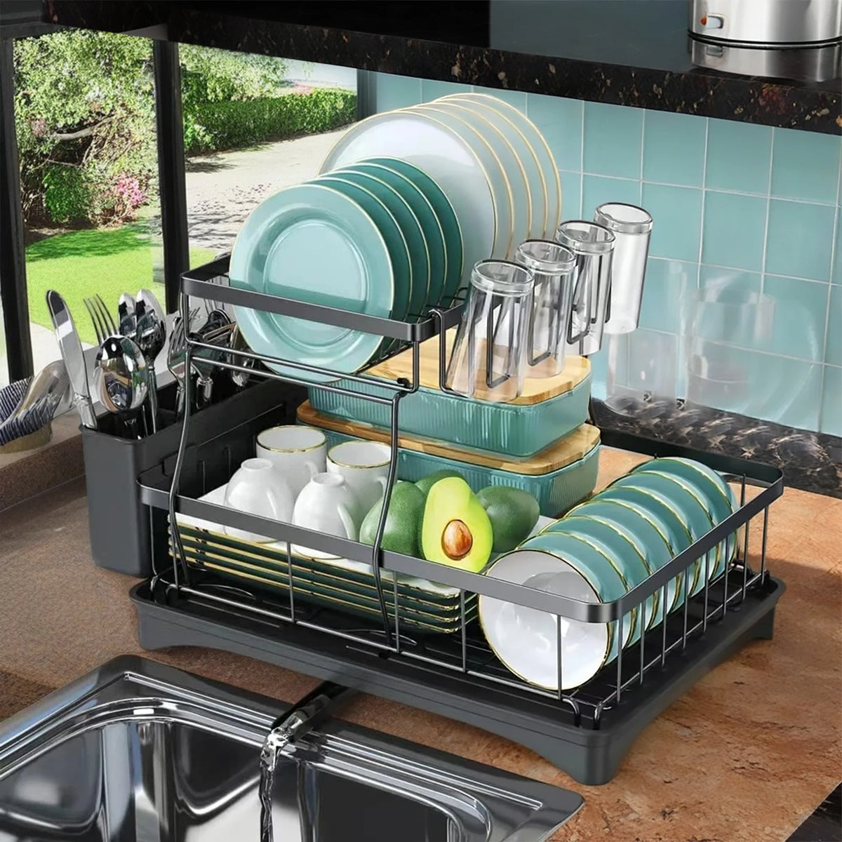 Two Tier Metal Dish Drying Rack With Draining Tray