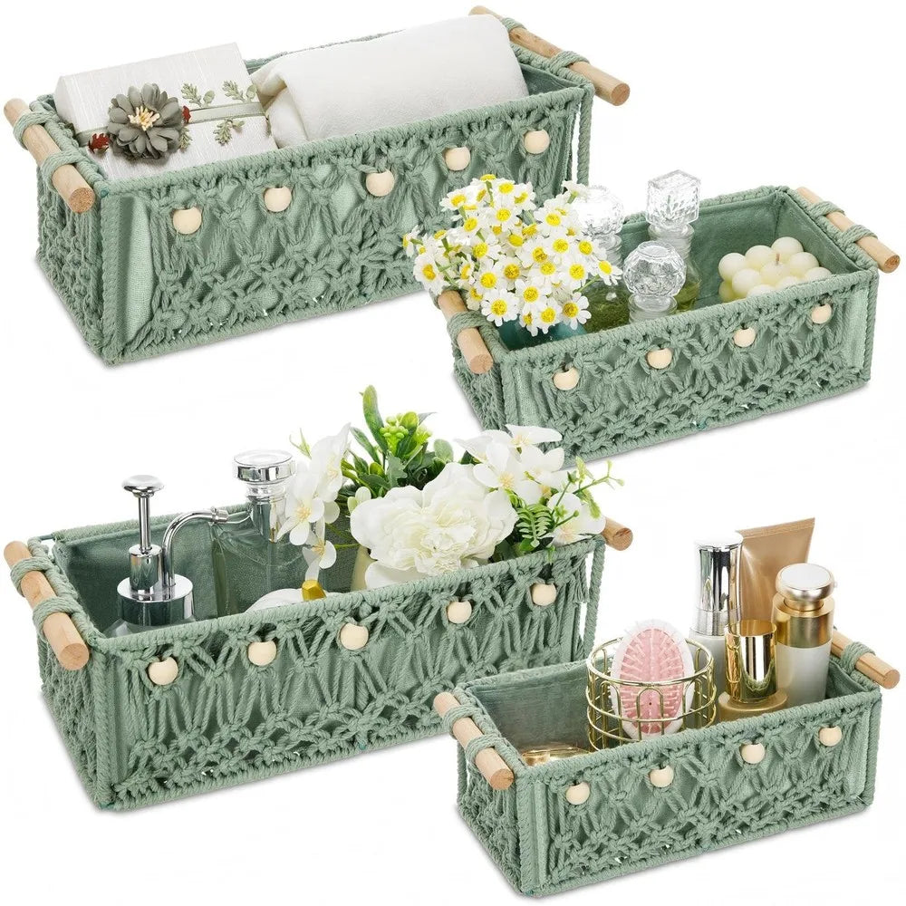 Boho Macrame Woven Storage Baskets With Wooden Handles And Beads