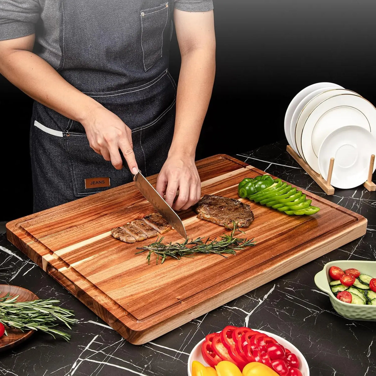 Twister.Ck Wooden Reversible Cutting Board With Juice Groove And Handle