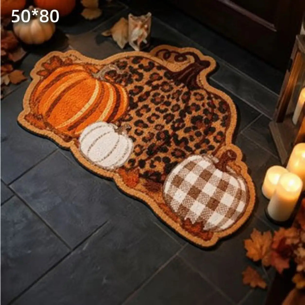 Fall Pumpkin Shaped Doormat, Leopard & Plaid Pumpkin Pattern Non Slip Floor Mat, Autumn Harvest Decorative Rug for Front Door Entrance Home Halloween Decor