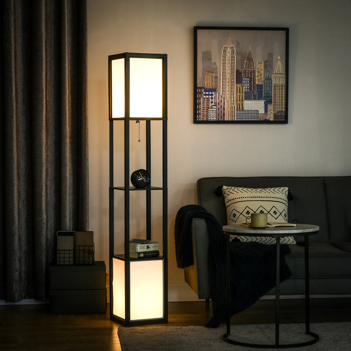 HOMCOM Modern Floor Lamp With Shelves and Dual Ambient Lighting