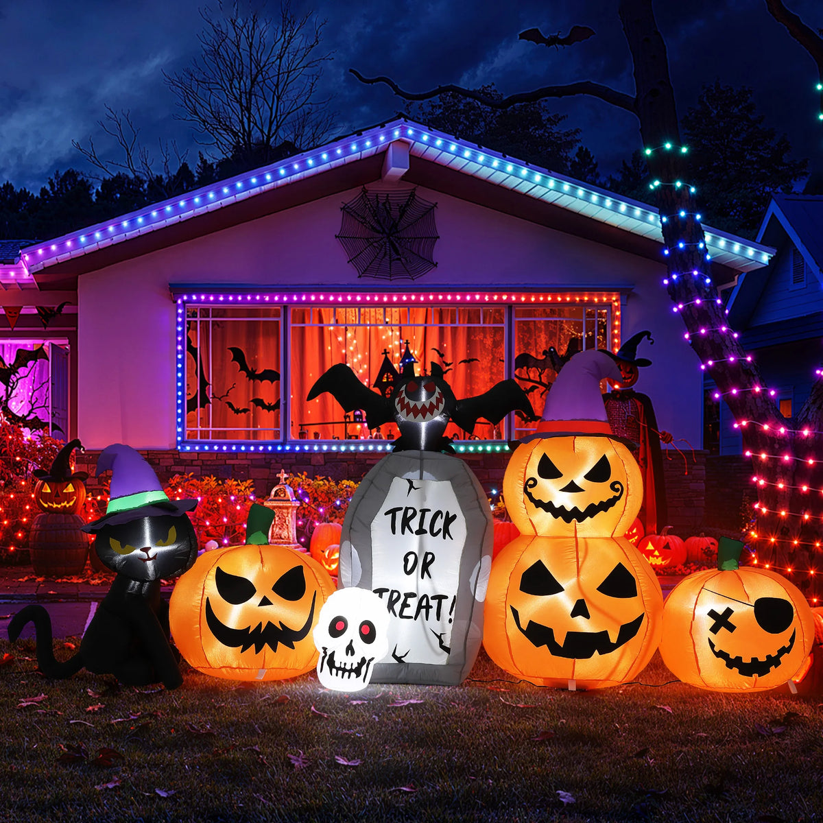Halloween Inflatable Pumpkin And Black Cat With LED Lights