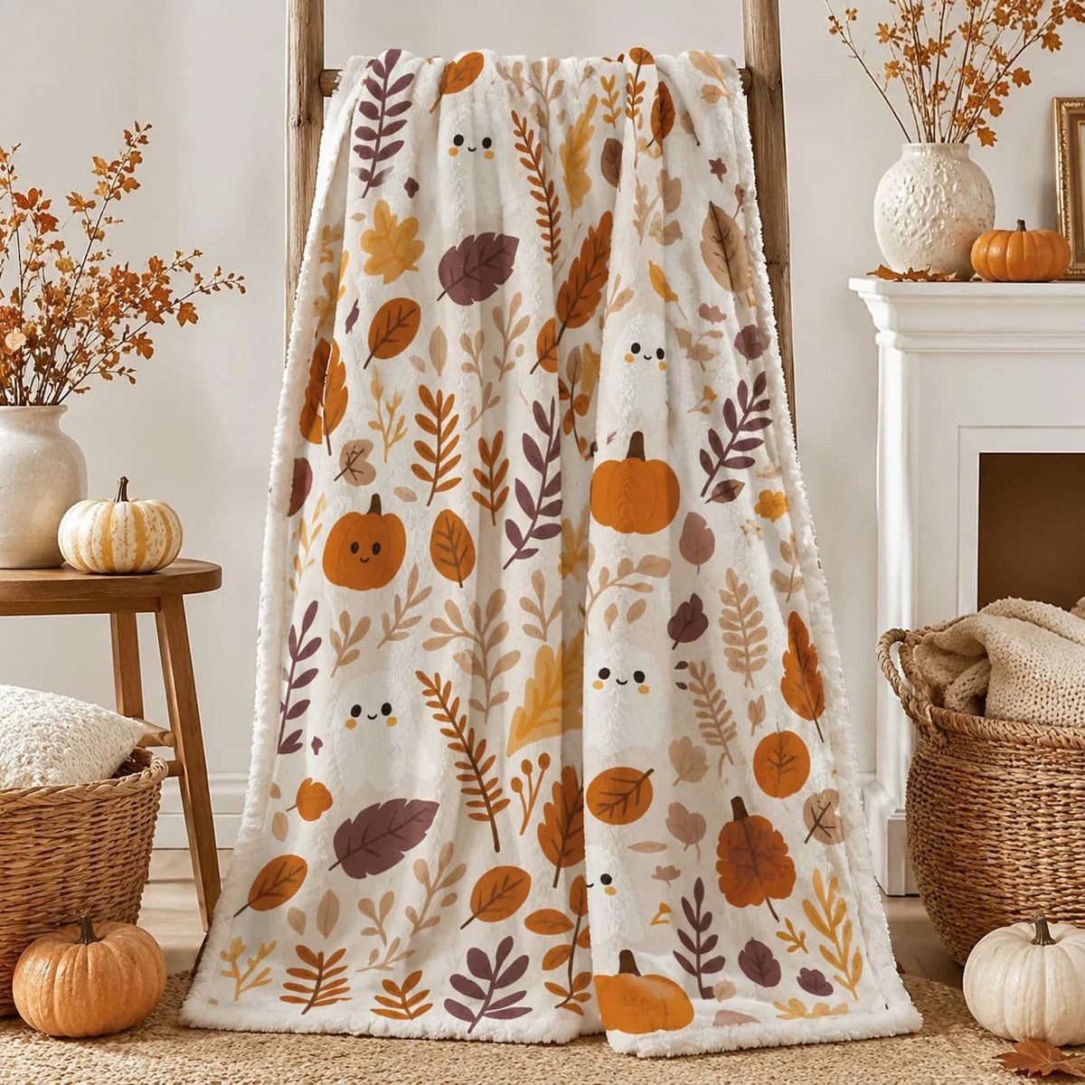 Autumn Ghost Pumpkin Fleece Blanket For Halloween Decor