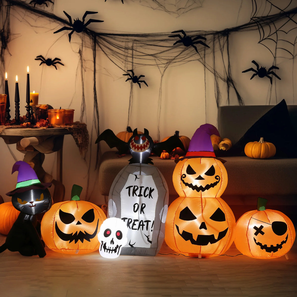 Halloween Inflatable Pumpkin And Black Cat With LED Lights