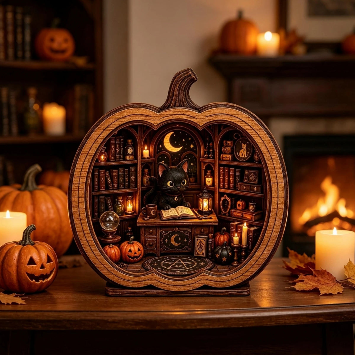 Halloween Cat Bookshop Pumpkin Figurine Display Stand