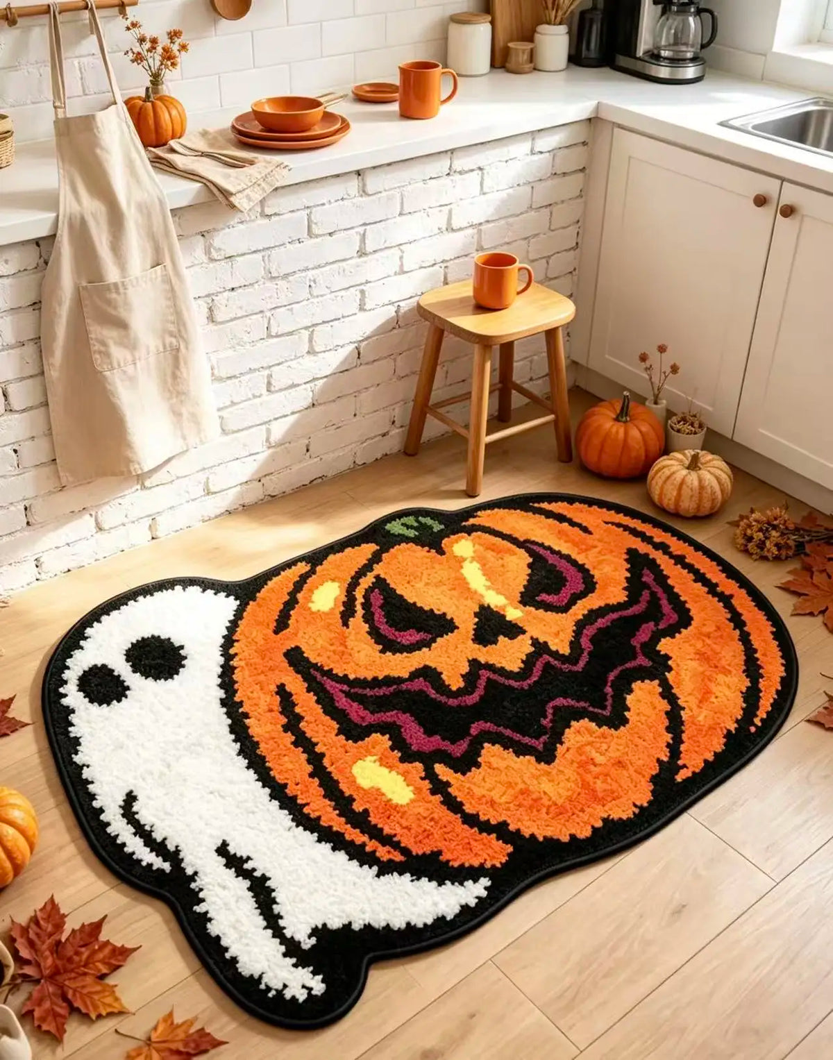 Halloween Ghost & Pumpkin Shaped Plush Doormat, Non Slip Soft Floor Rug, Fall Harvest Decorative Entrance Mat for Home Front Door Party Decor