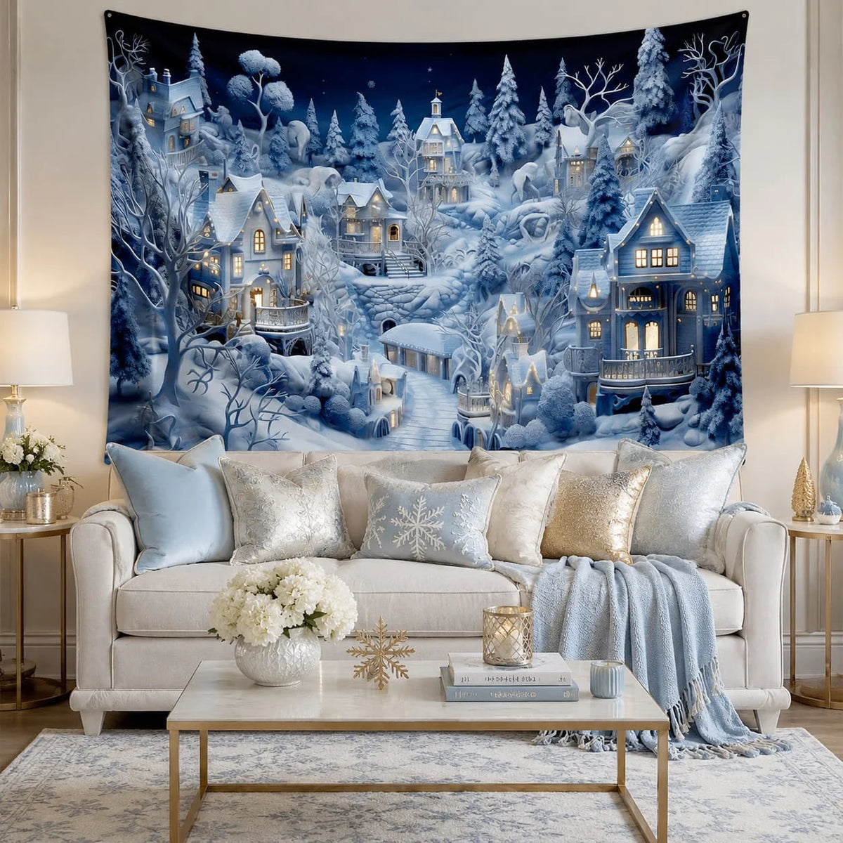 Christmas Town Snow Scene Winter Wonderland Wall Tapestry