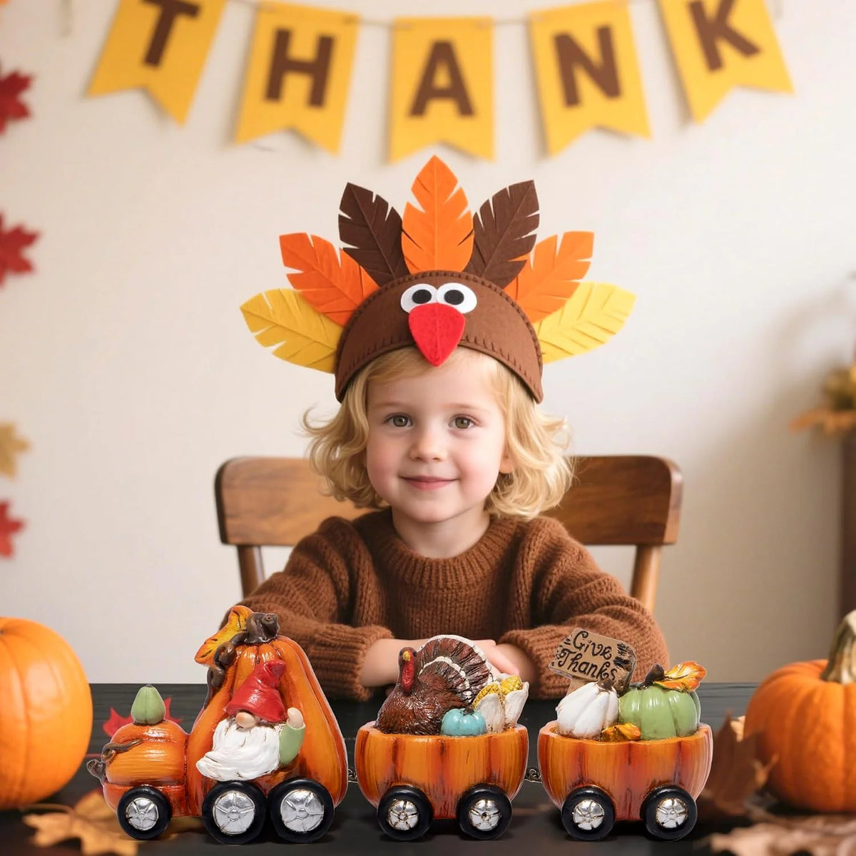 Hodao Resin Thanksgiving Pumpkin Train Figure, 3-Car Fall Harvest Decor with Gnome, Turkey, Corn, Pumpkins & Give Thanks Sign, 7.8" Long Autumn Farmhouse Tabletop Centerpiece, Seasonal Shelf Mantel Decor, Holiday Gift for Hom