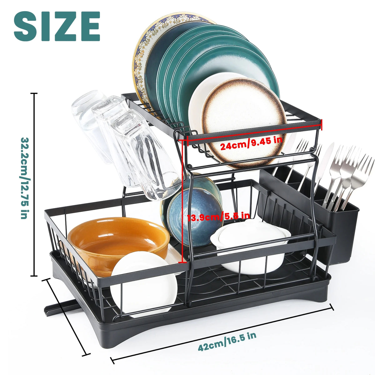 Two Tier Metal Dish Drying Rack With Draining Tray