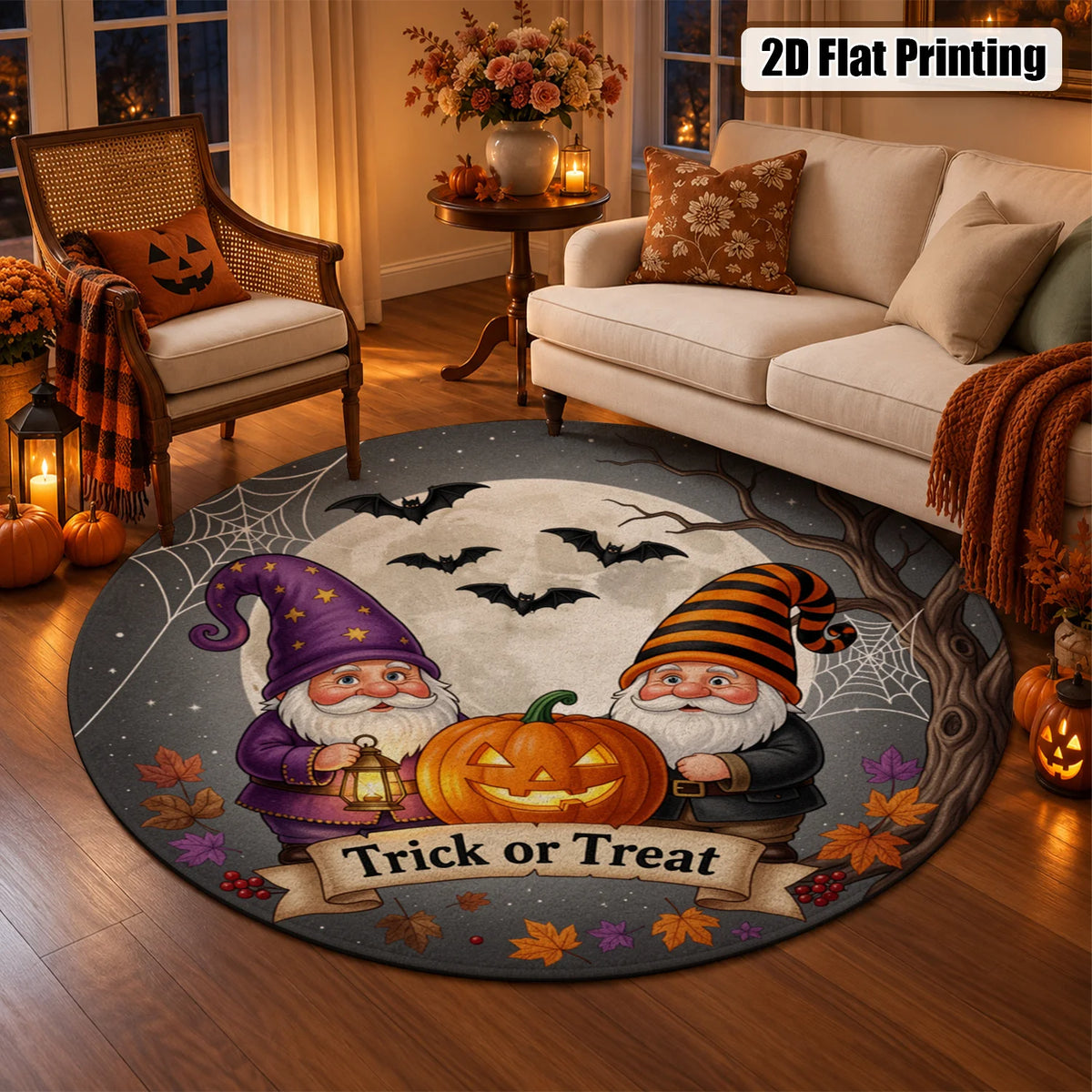 Halloween Gnome Jack-o-Lantern Bat Moon Trick or Treat Round Velvet Doormat, Machine Washable, Stable Placement, Ideal for Entryway, Living Room, Porch, Patio, Great for Halloween, Thanksgiving, Christmas, New Year, Black Fri